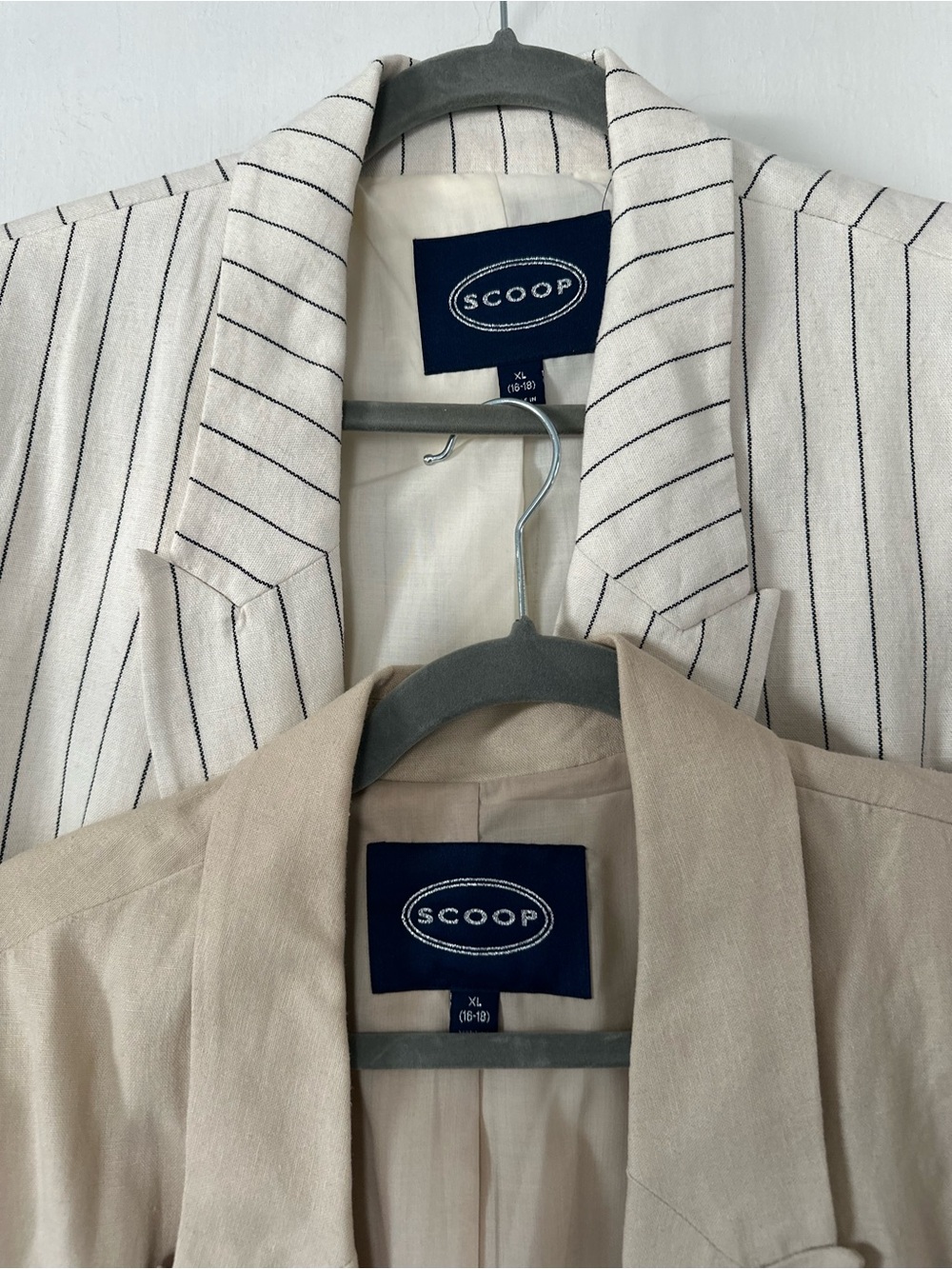 SCOOP Linen Blend Blazer in Cream and White Pinstripe and Tan Blazer